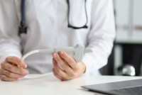 A doctor holds a linear ultrasonic diagnostic probe.