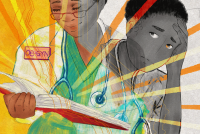 A digital illustration painted with colorful gouache and pencil shows two versions of an aspiring OB-GYN drawn over a map of California and neighboring states. The version of her that is on the side of California is shown in bright, warm colors, and she is reading a textbook. The version of her leaning out of state is shown in black and white, and she holds a concerned expression.